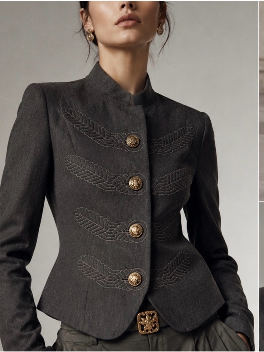 Cabi Military Blazer Jacket Gray Embroidered Wing Buttons 221 Sz 10